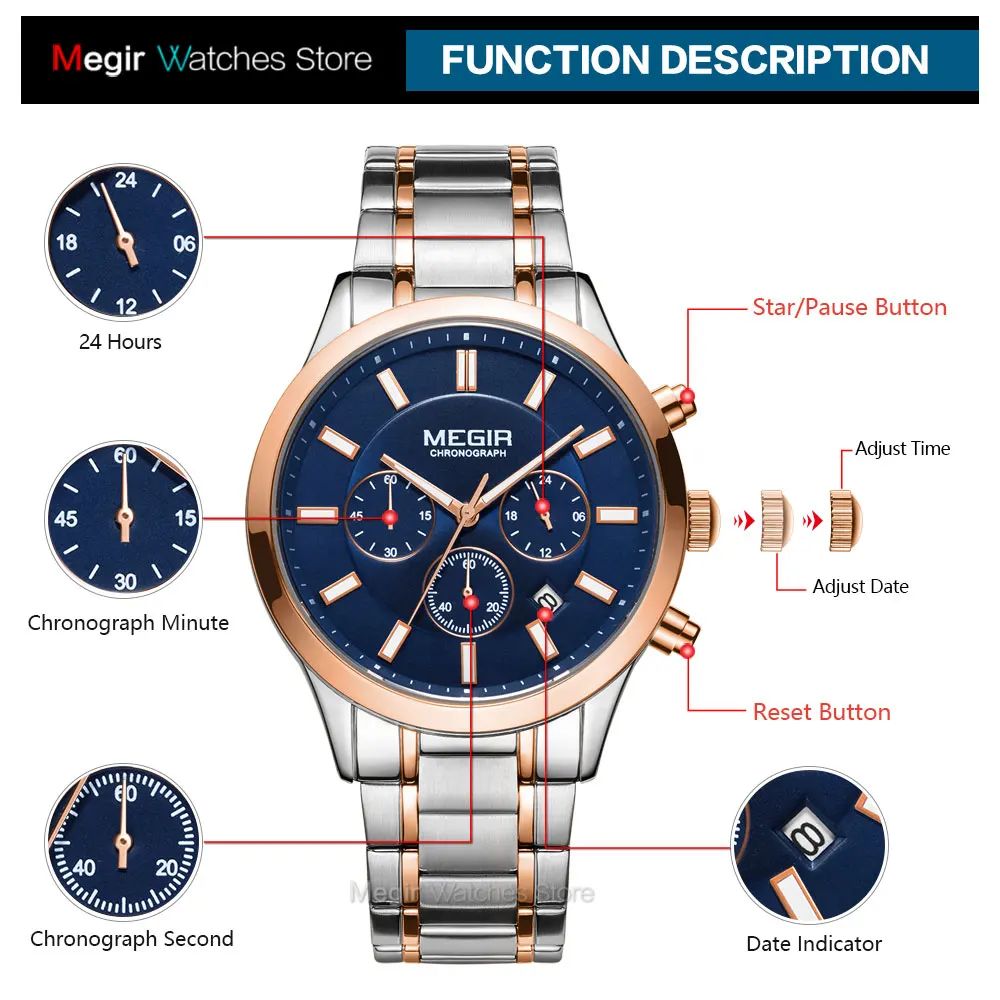 MEGIR Men's Chronograph Watch – Quartz, Stainless Steel, Luxury - Image 6