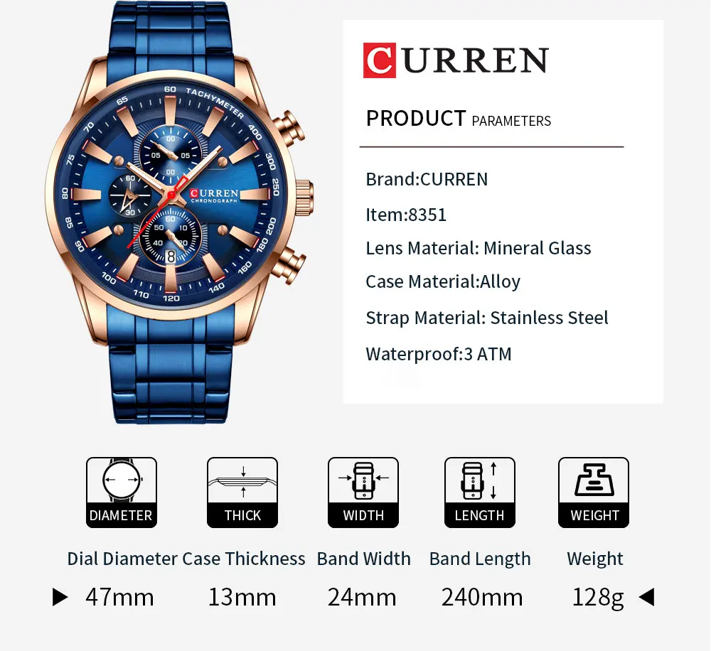 CURREN Men's Chronograph Watch – Quartz, Stainless Steel, Luminous - Image 11