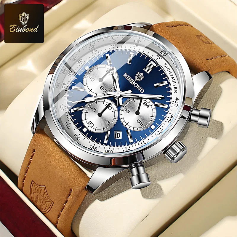 BINBOND Men's Quartz Watch – Leather Strap, Waterproof, Luminous