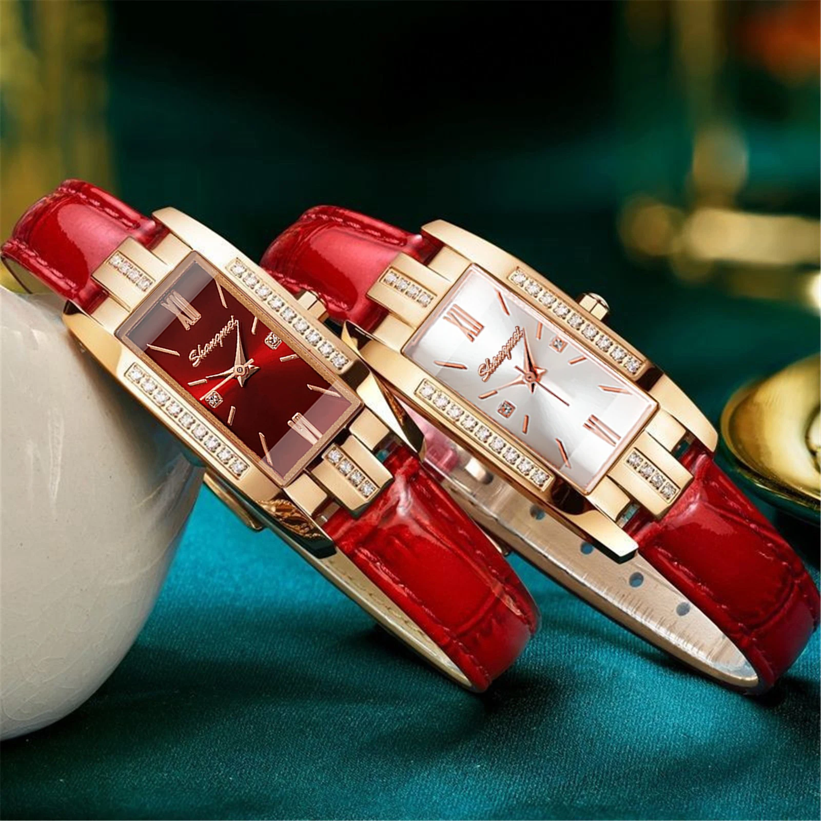 Vintage Rhinestone Rectangle Women's Leather Watch - Image 4