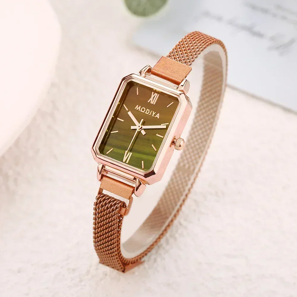 Rose Gold Square Mesh Watch Green Dial Elegance - Image 8