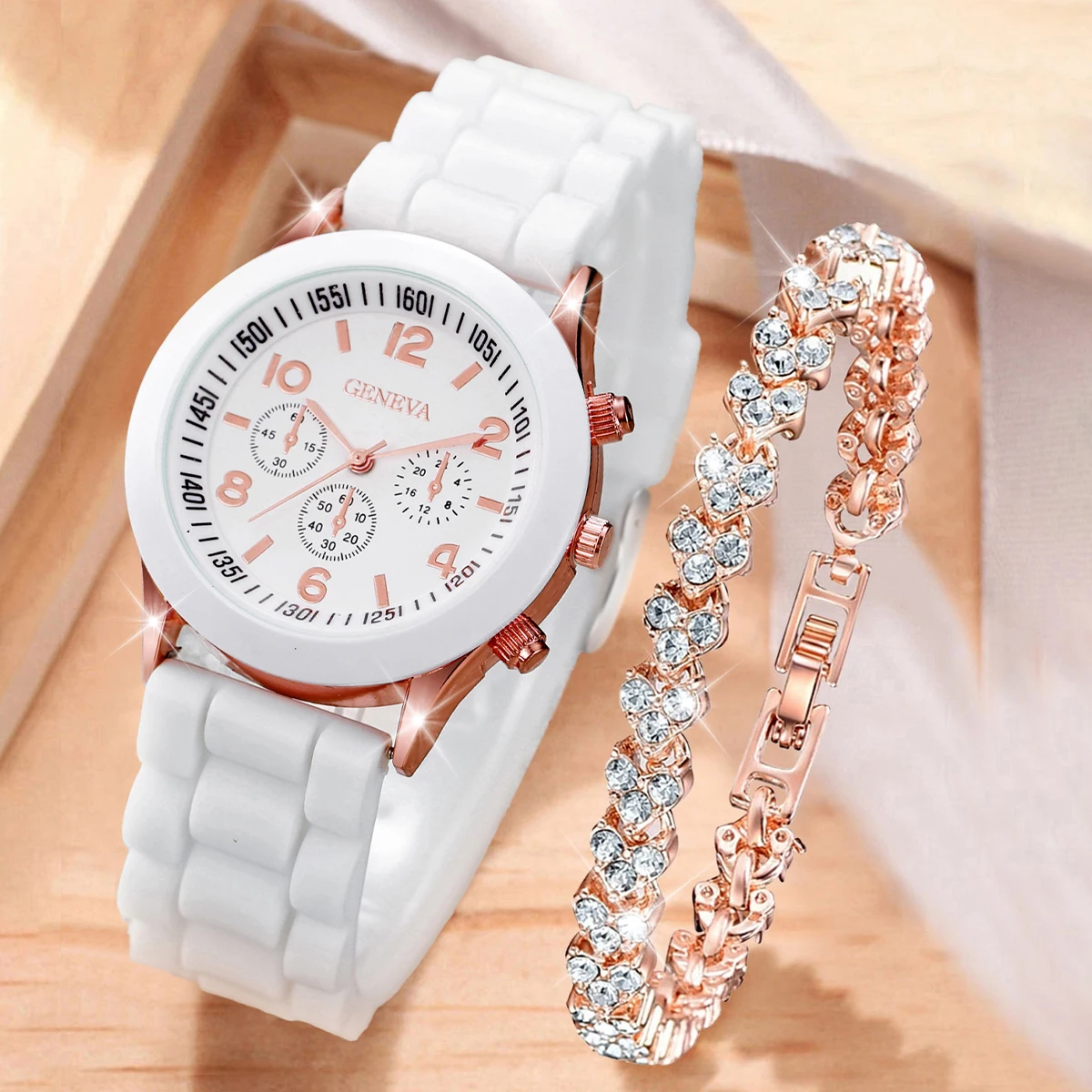 2PCS Fashion Silicone Band Women’s Watch & Rhinestone Heart Bracelet Set