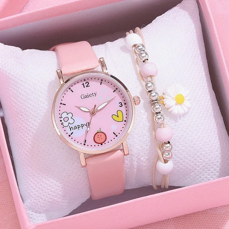 Pink Cartoon Kids Quartz Watch Set