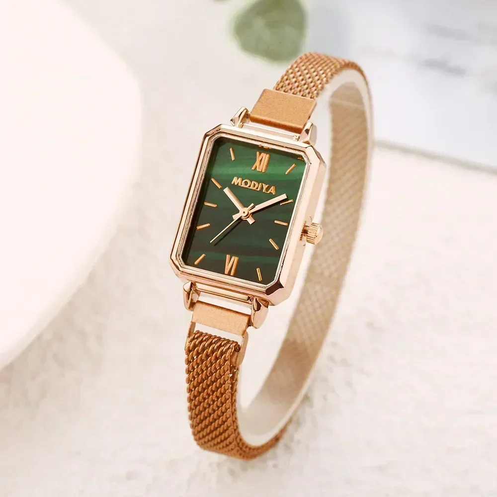 Rose Gold Square Mesh Watch Green Dial Elegance