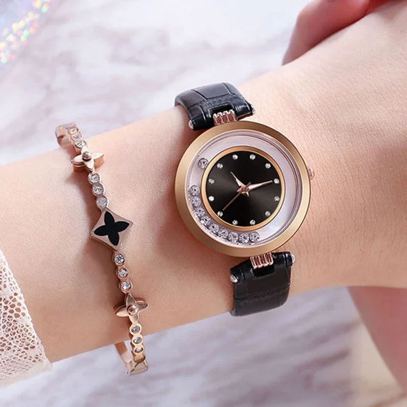 Luxury Women’s Diamond Analog Quartz Watch with Leather Strap