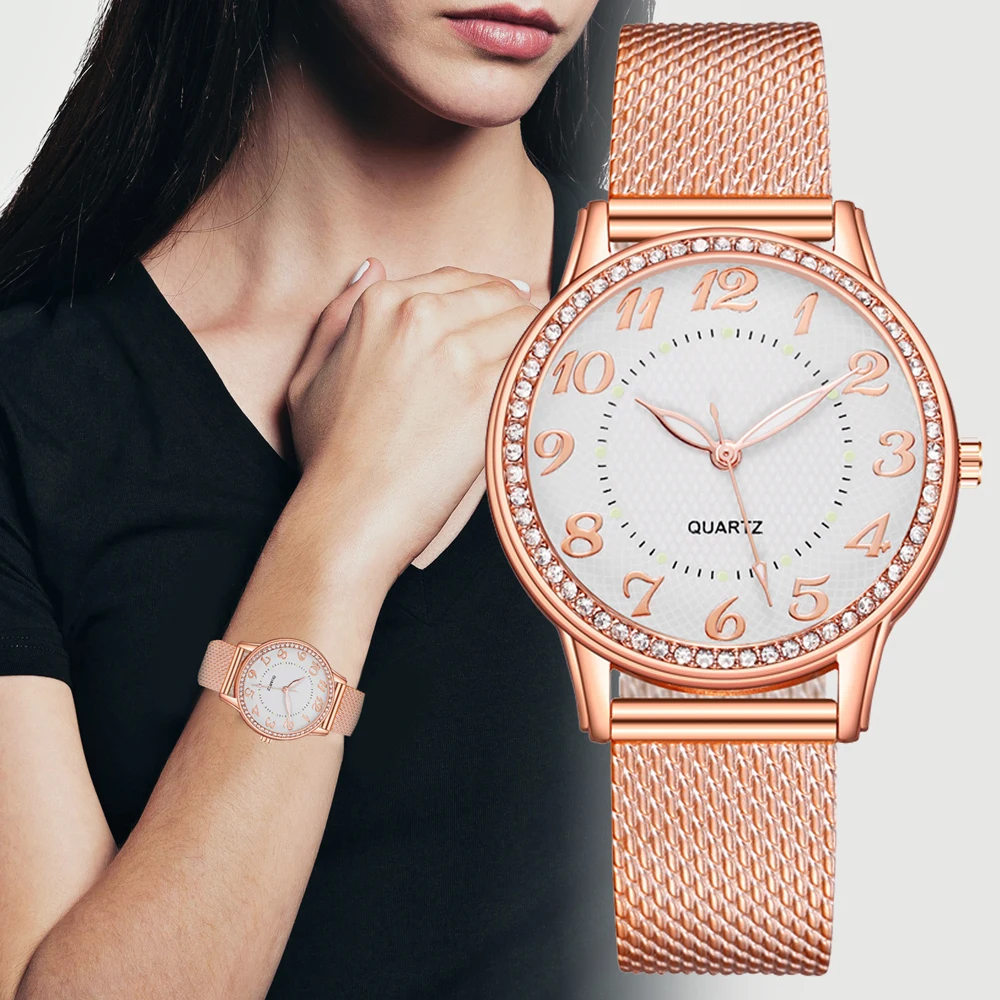 Luxury Rose Gold Mesh Women's Watch with Crystal Detailing - Image 2