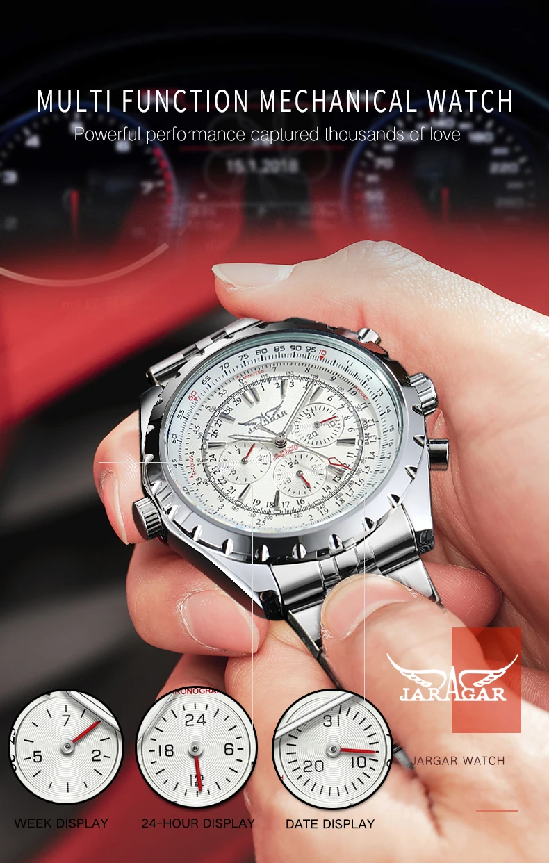 JARAGAR Automatic Watch – Vintage Style, Big Dial, Stainless Steel - Image 9