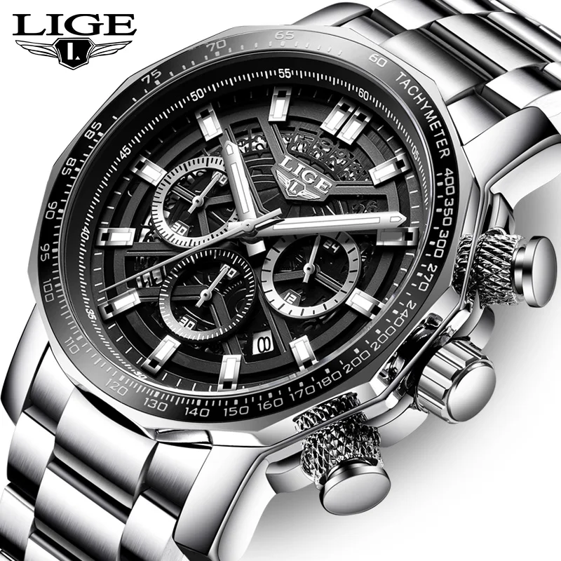 LIGE 2025 Men's Luxury Watch – Golden Chronograph with Gift Box