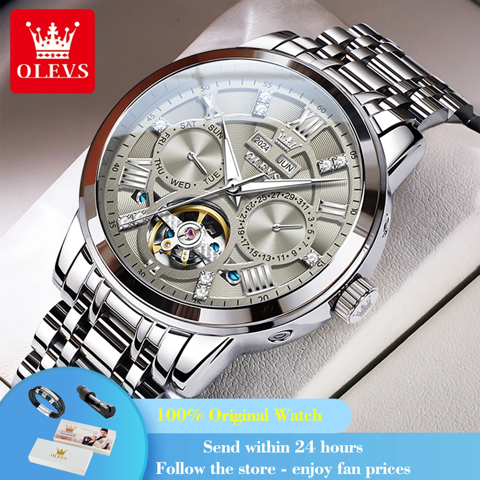 OLEVS 6701 Men's Mechanical Watch – Skeleton, Diamond, Waterproof