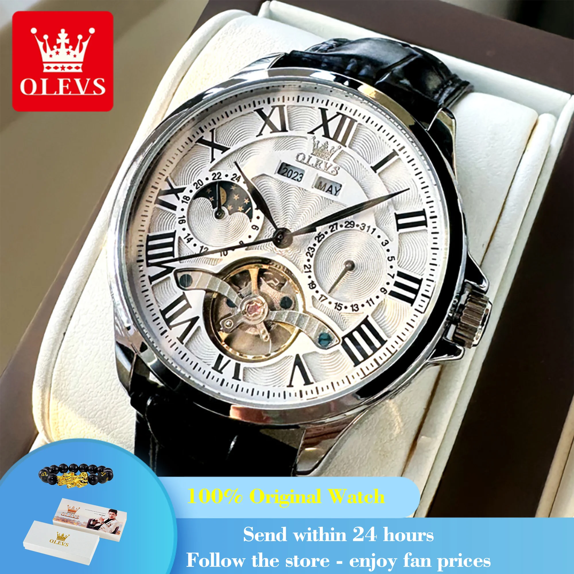 OLEVS 7013 Men's Mechanical Watch – Skeleton, Moon Phase, Waterproof