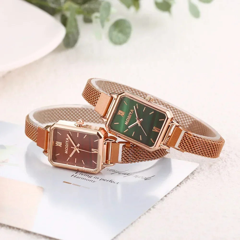 Rose Gold Square Mesh Watch Green Dial Elegance - Image 3