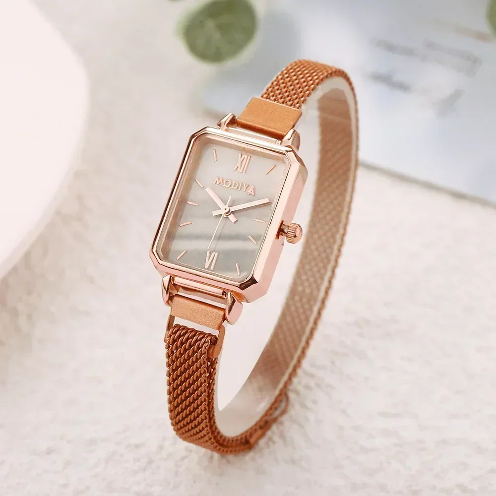 Rose Gold Square Mesh Watch Green Dial Elegance - Image 2