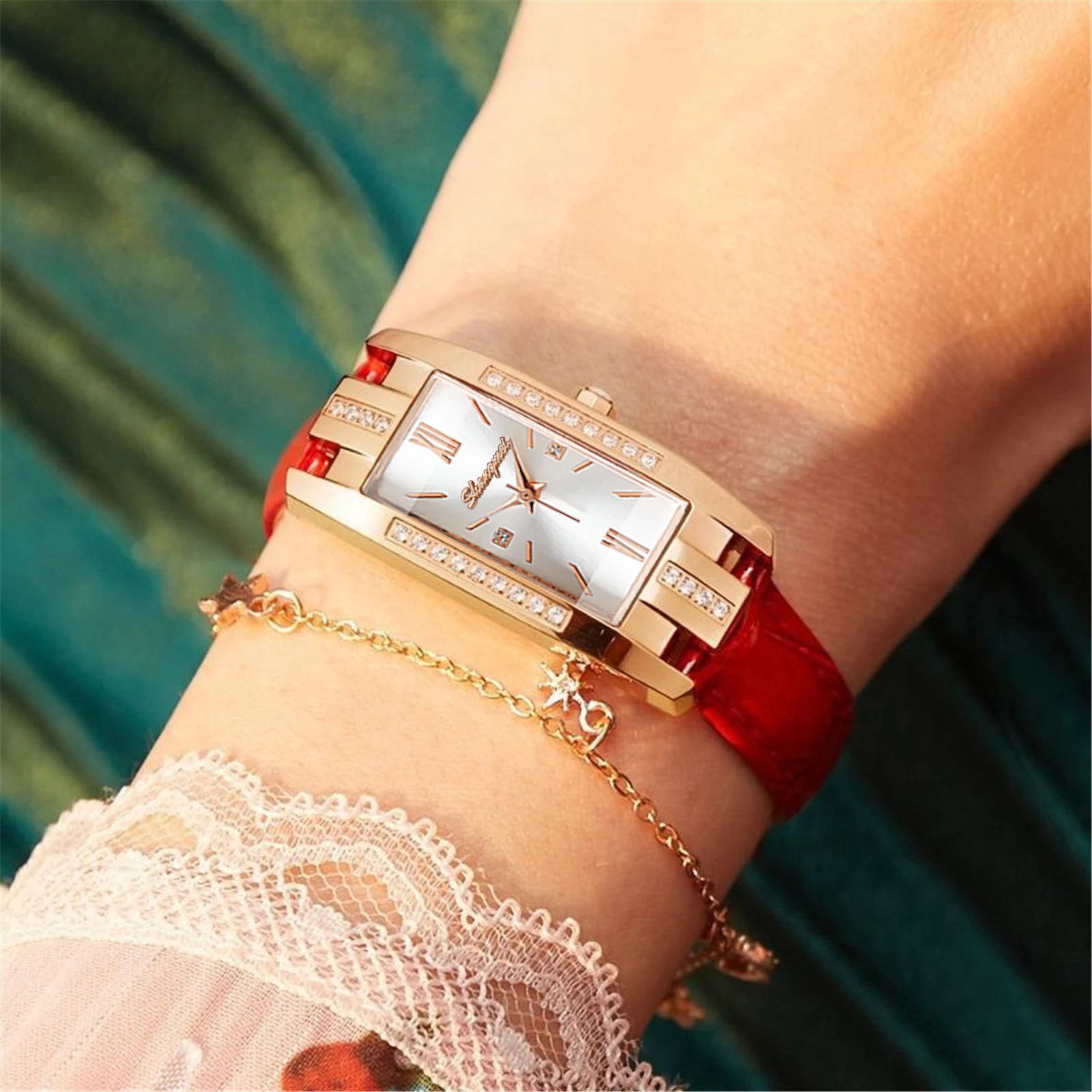 Vintage Rhinestone Rectangle Women's Leather Watch - Image 2