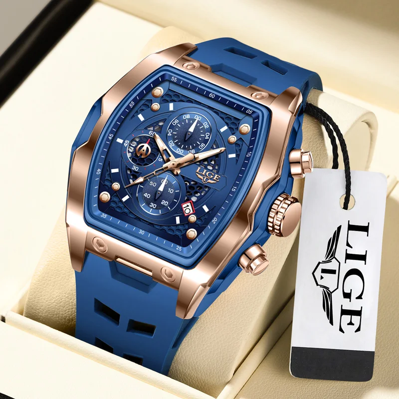LIGE Men's Luxury Watch – Quartz Chronograph, Waterproof, Silicone Strap