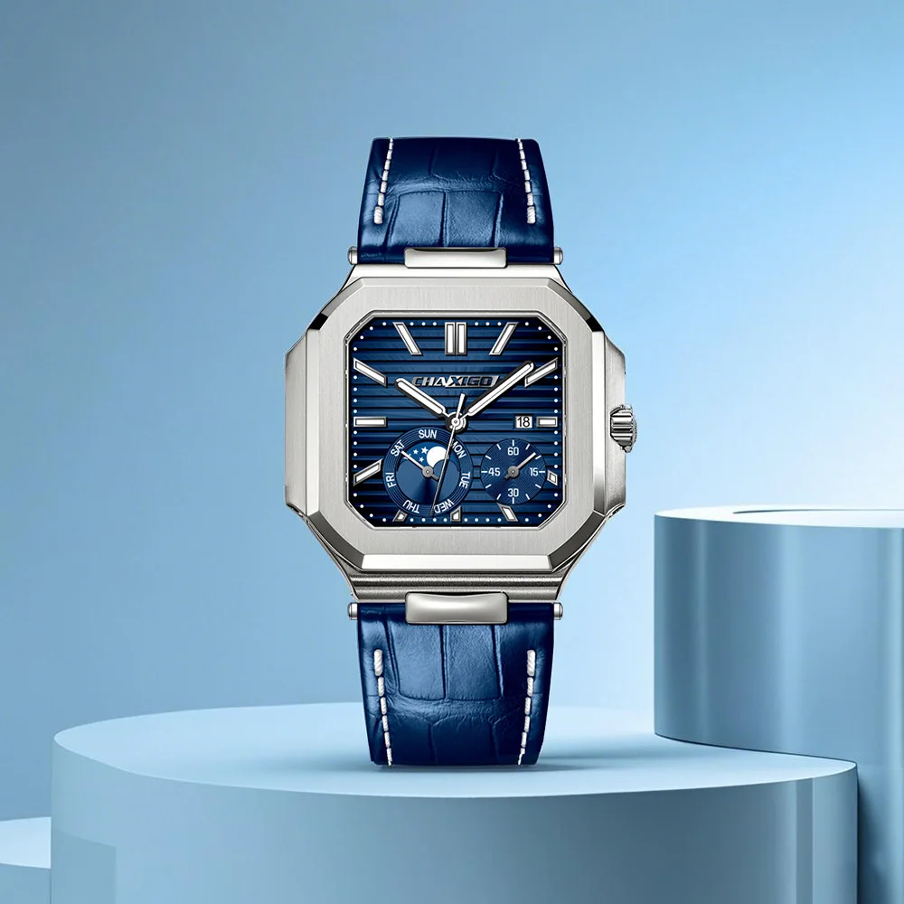 Men's Luxury Square Watch – Quartz, Leather, Waterproof, Chronograph