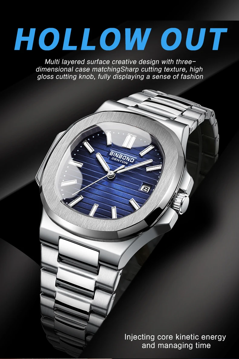 BINBOND Men's Watch – Stainless Steel, Quartz, Calendar, Waterproof