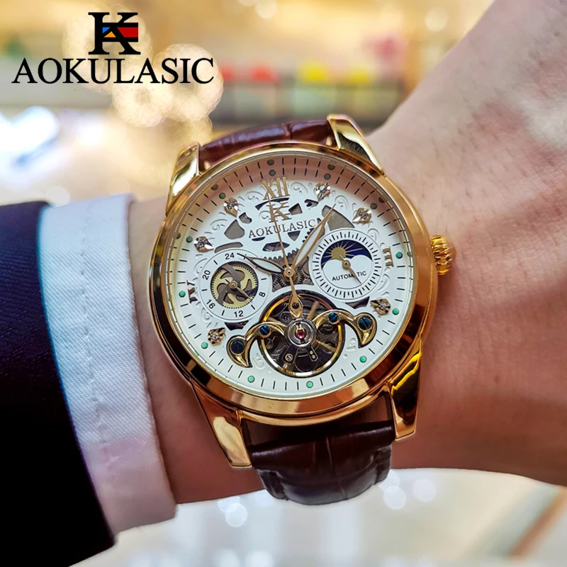 AOKULASIC Men's Luxury Mechanical Watch – Leather, Tourbillon, Waterproof