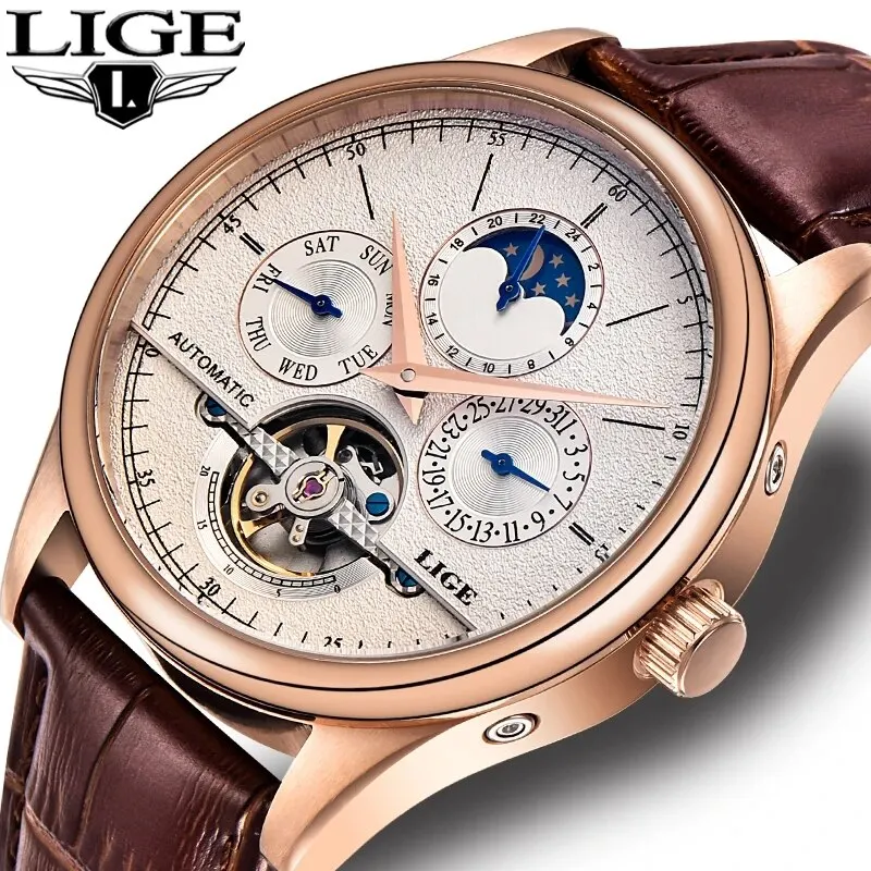 LIGE Men's Automatic Watch – Tourbillon, Leather, Waterproof