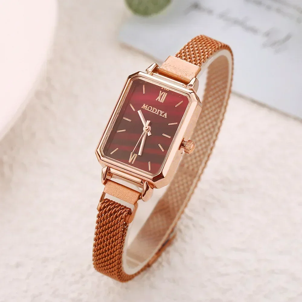 Rose Gold Square Mesh Watch Green Dial Elegance - Image 7