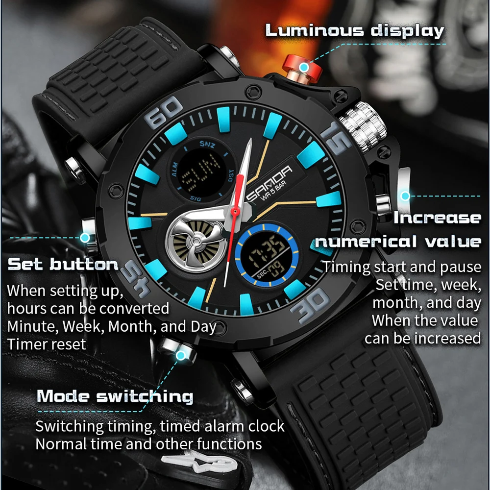 SANDA Men's Dual Display Watch – Chronograph, Alarm, Countdown - Image 4
